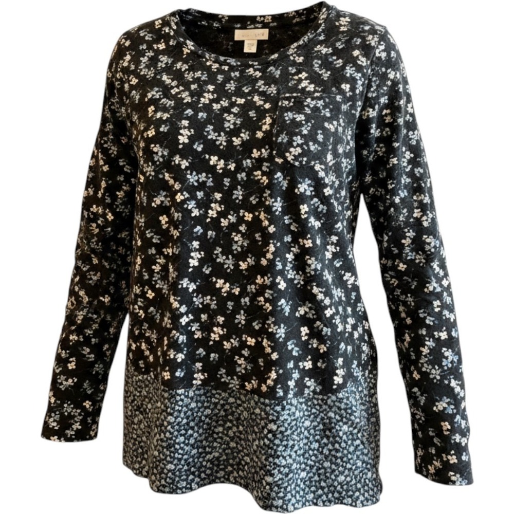JJill Floral Long Sleeve Top Women Size M Blue Mixed Print Cotton Modal Tiered